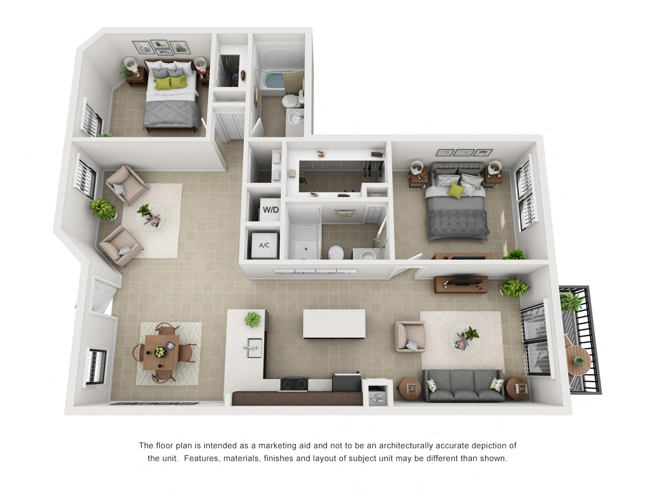 Floor plan for 2 beds, 2 baths, 1266 sqft
